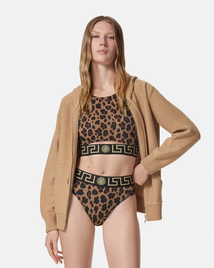 Swimwear Women Versace Leopard Greca Border Bikini Top Animalier