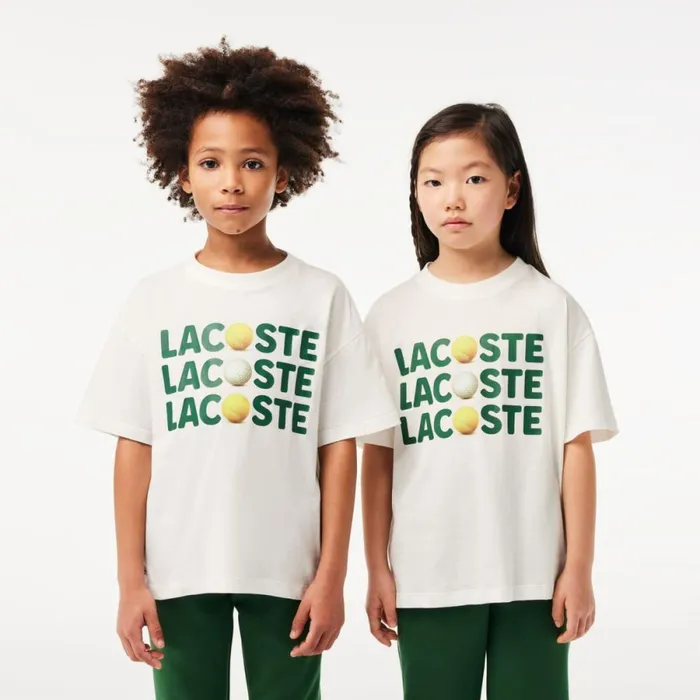 TShirts and Tops Kids Lacoste Kids039 Relaxed Fit Cotton Tennis Ball TShirt White 70v