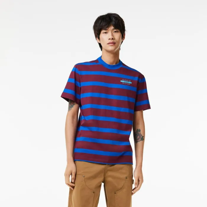TShirts Men Lacoste Men039s Striped 3D Print Cotton TShirt Bordeaux Blue Q5i