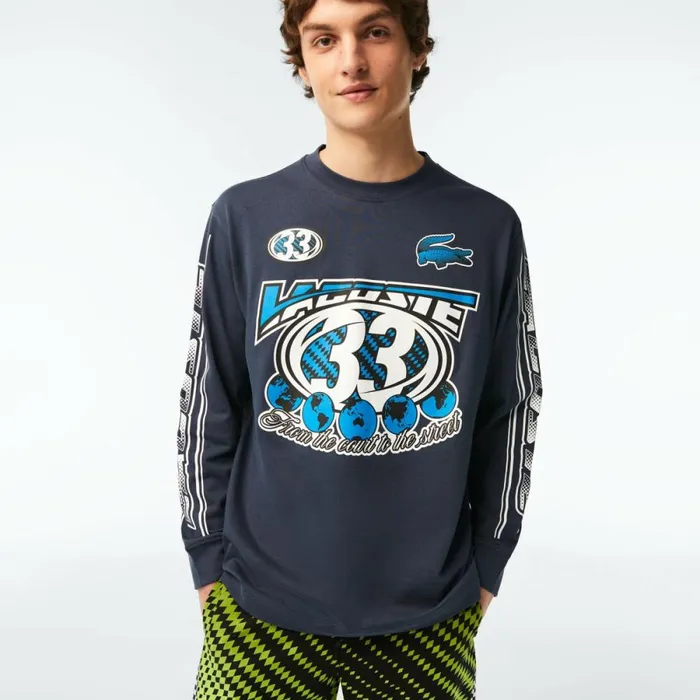 TShirts Men Lacoste Mens Loose Fit Long Sleeve Printed TShirt Blue Xie