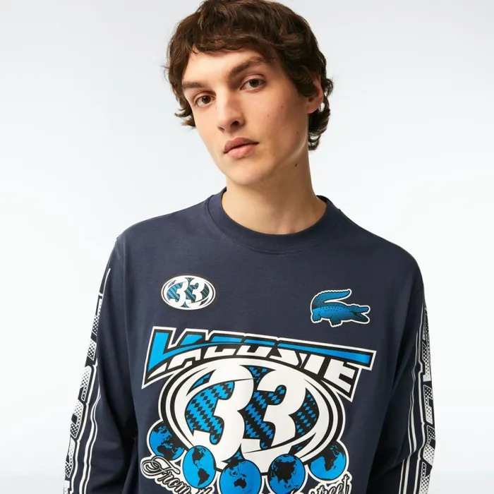 TShirts Men Lacoste Mens Loose Fit Long Sleeve Printed TShirt Blue Xie