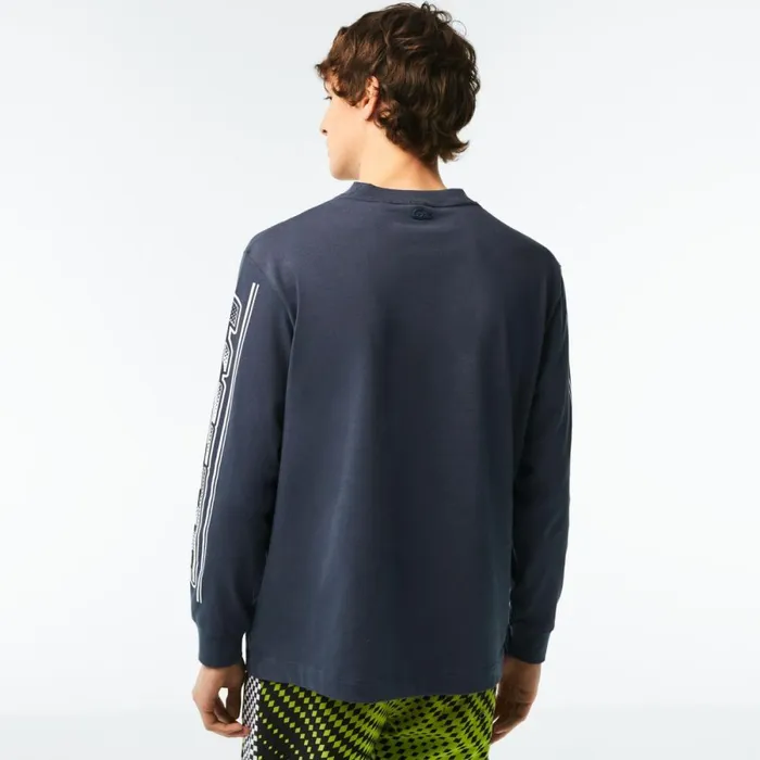 TShirts Men Lacoste Mens Loose Fit Long Sleeve Printed TShirt Blue Xie