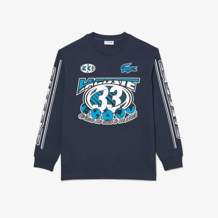 TShirts Men Lacoste Mens Loose Fit Long Sleeve Printed TShirt Blue Xie