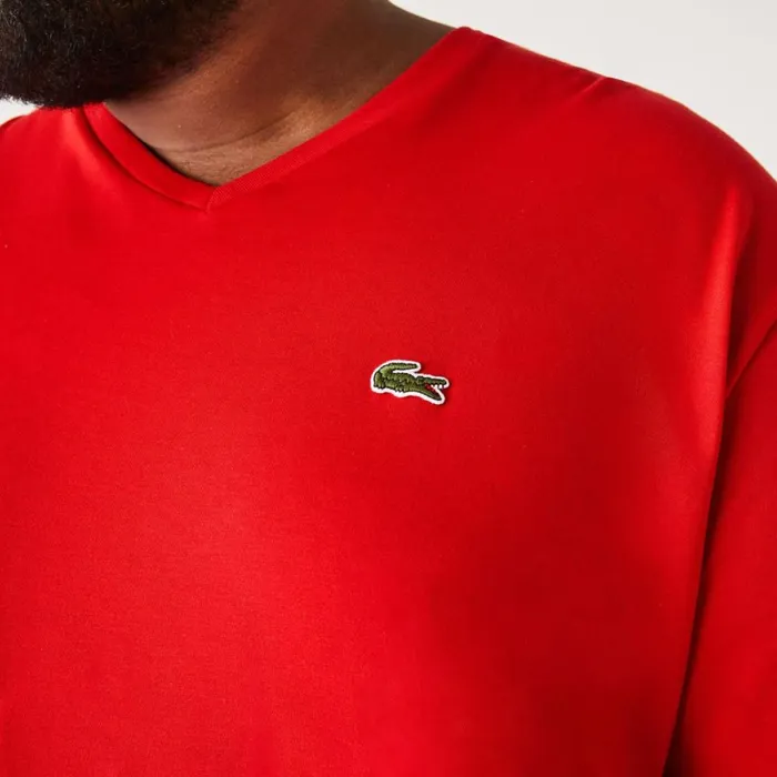 TShirts Men Lacoste Mens Tall Fit Ribbed VNeck Cotton TShirt Red 240
