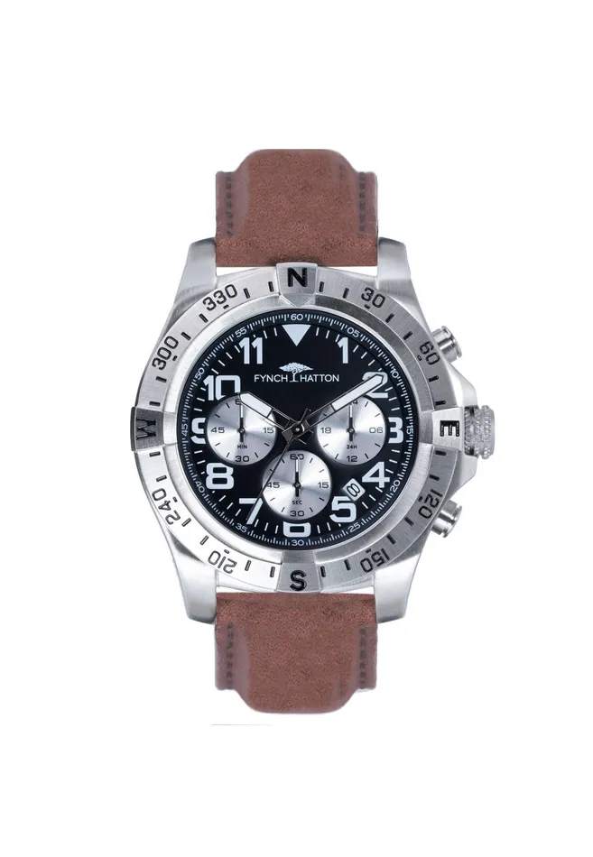 Watch Men FYNCHHATTON Stainless Steel Wristwatch With Brown Leather Strap Silver