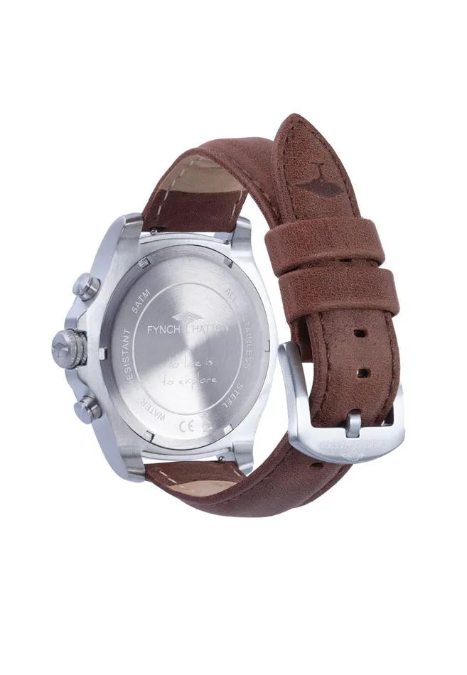 Watch Men FYNCHHATTON Stainless Steel Wristwatch With Brown Leather Strap Silver
