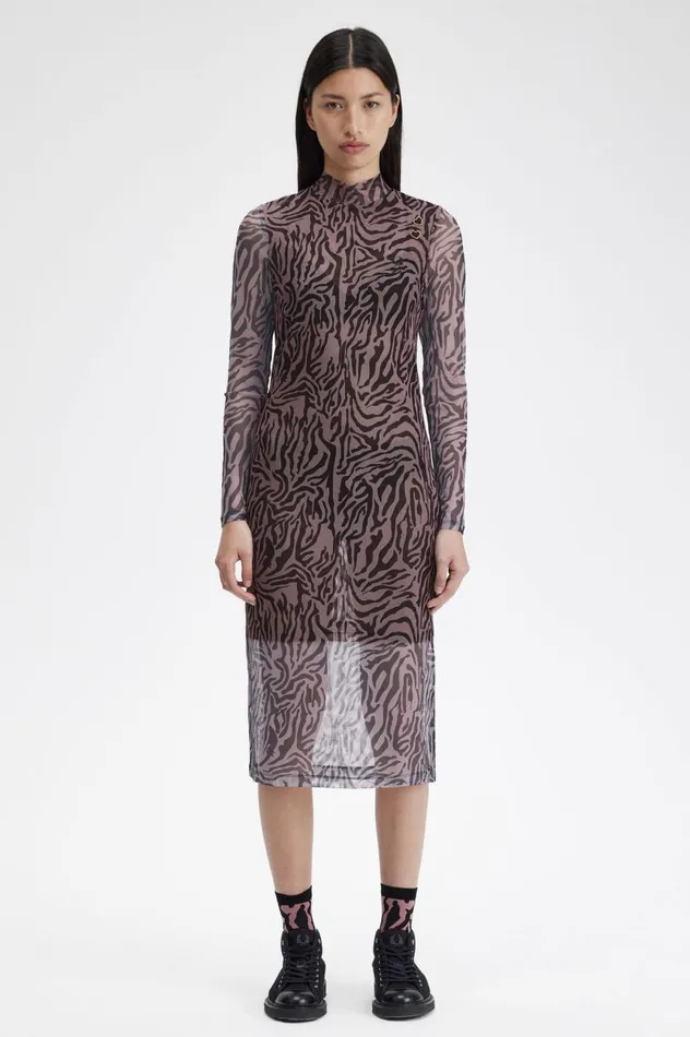 Women Amy Winehouse FoundationZebra Print Mesh Dress Dusty Rose Pink Fred Perry Dresses