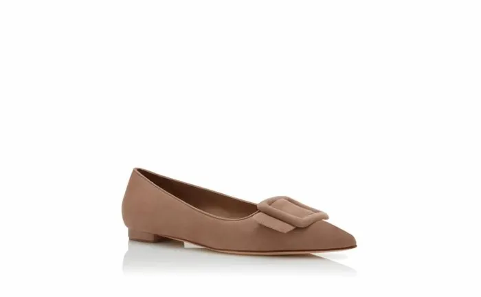 Women Beige Suede Buckle Detail Flat Pumps Manolo Blahnik Flats