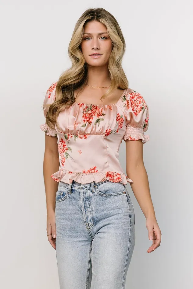 Women Blouses Shirts Baltic Born Cynthia Satin Crop Top Blush Floral