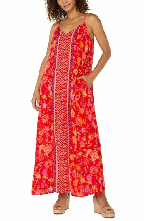 Women Dresses Liverpool Los Angeles Spaghetti Strap Woven Maxi Dress Red Orange Floral