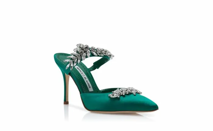 Women Green Satin Crystal Embellished Mules Manolo Blahnik Mules