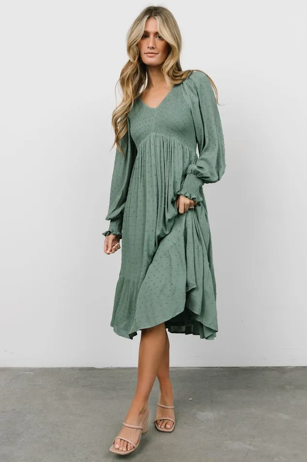 Women Mother Of The Bride Baltic Born Lainey Smocked Dotted Midi Dress Dark Sage