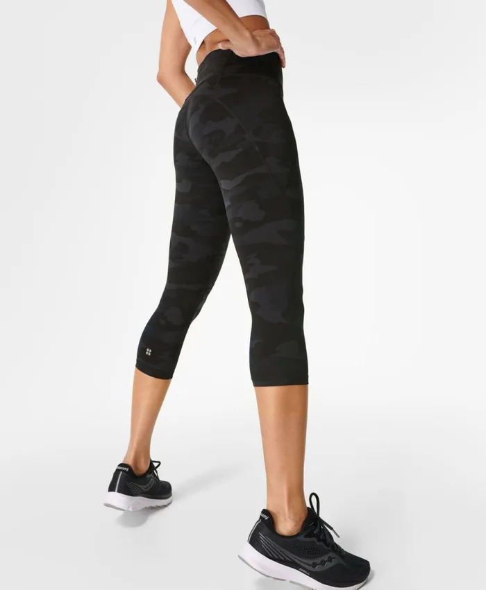 Women Power Cropped Gym Leggings Ultra Black Camo Print Sweaty Betty Pocketed