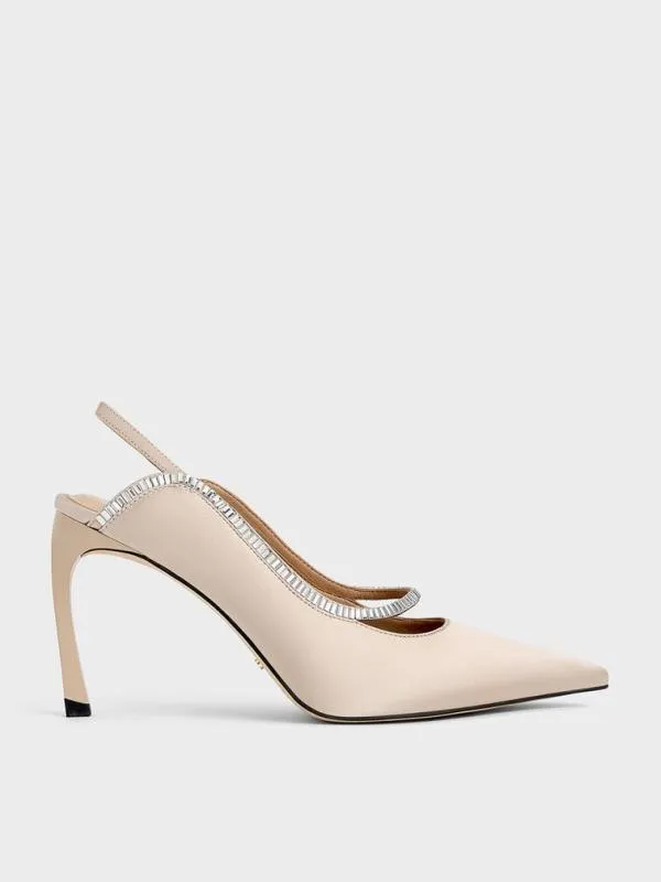 Women Recycled Polyester CrystalEmbellished PointedToe Slingback Pumps 8211 Champagne CHARLES and KEITH Heels Women Recycled Polyester CrystalEmbellished PointedToe Slingback Pumps 8211 Champagne CHARLES and KEITH Heels