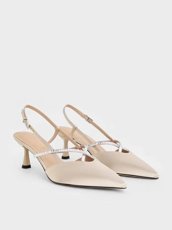 Women Recycled Polyester CrystalEmbellished Slingback Pumps 8211 Champagne CHARLES and KEITH Heels