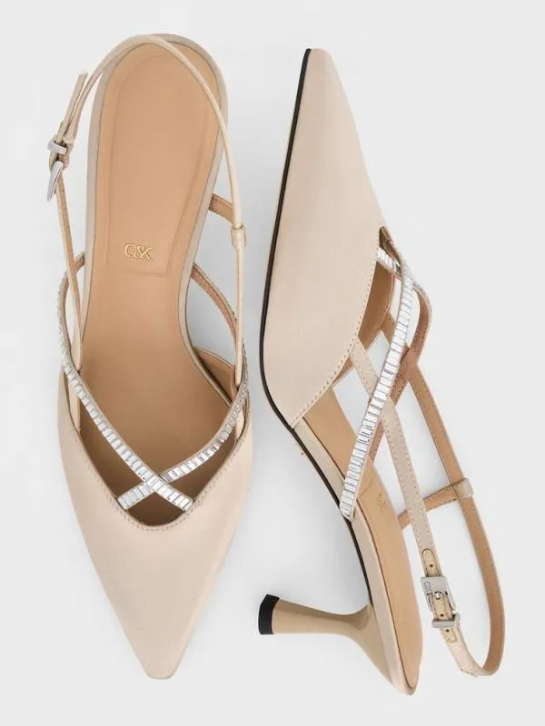 Women Recycled Polyester CrystalEmbellished Slingback Pumps 8211 Champagne CHARLES and KEITH Heels