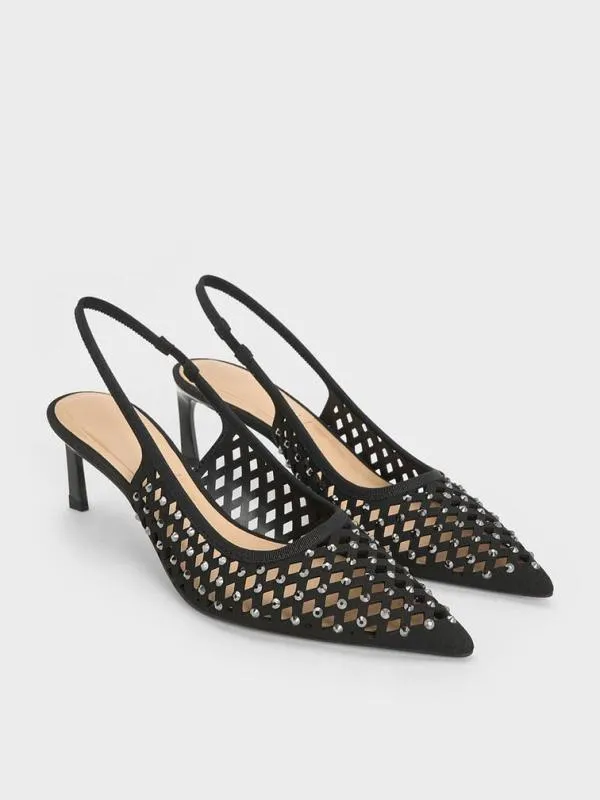 Women Studded CutOut KittenHeel Slingback Pumps 8211 Black CHARLES and KEITH Heels
