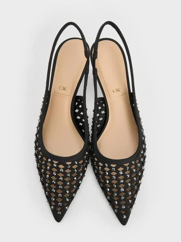 Women Studded CutOut KittenHeel Slingback Pumps 8211 Black CHARLES and KEITH Heels
