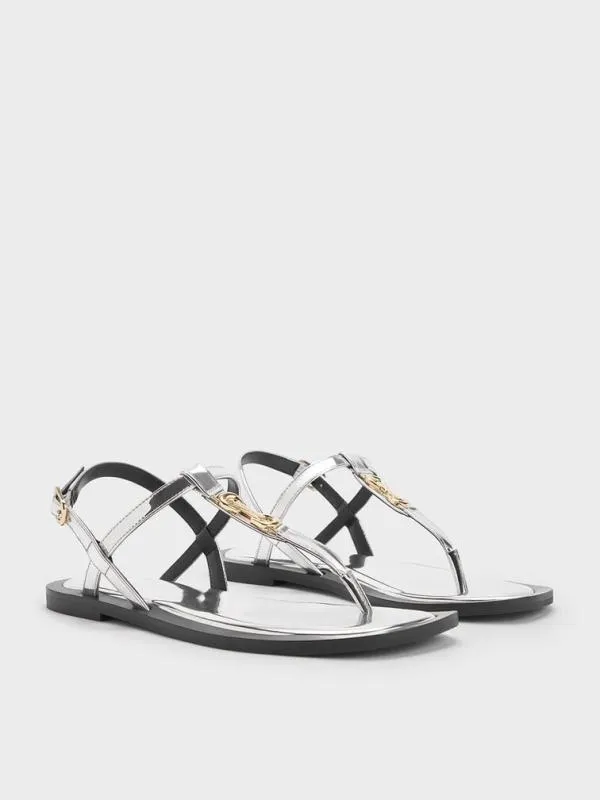 Women Trifina MetallicAccent Thong Sandals 8211 Silver CHARLES and KEITH Sandals
