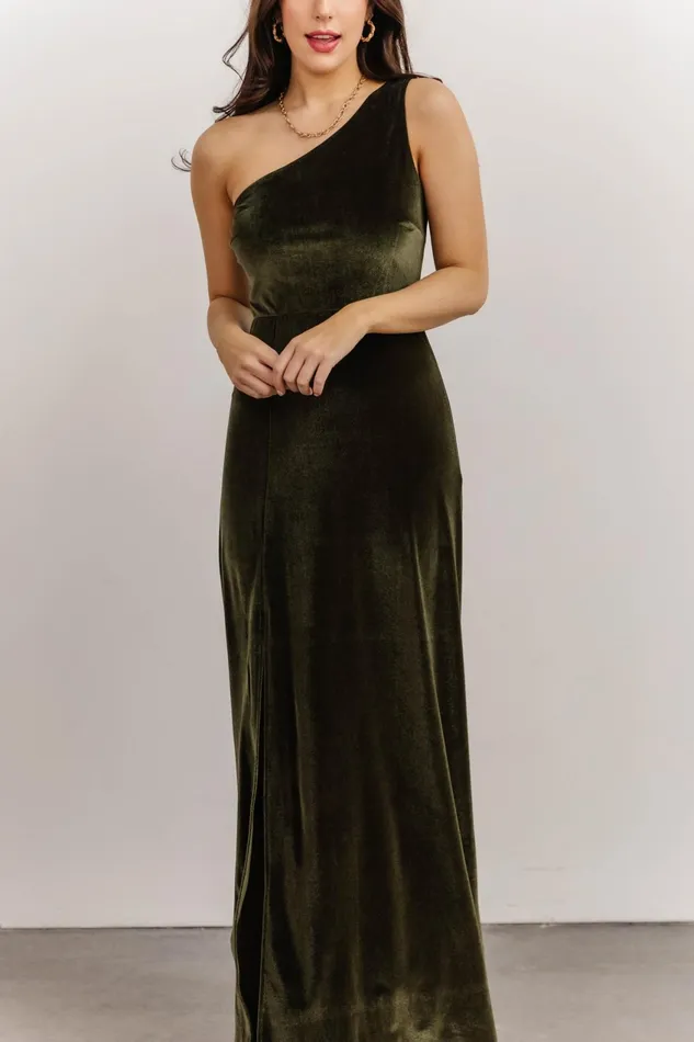 Women Wedding Guest Baltic Born Tatiana Velvet One Shoulder Maxi Dress Olive