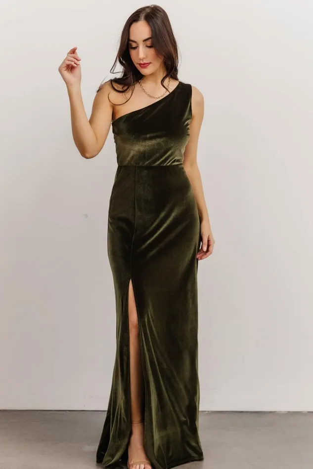 Women Wedding Guest Baltic Born Tatiana Velvet One Shoulder Maxi Dress Olive
