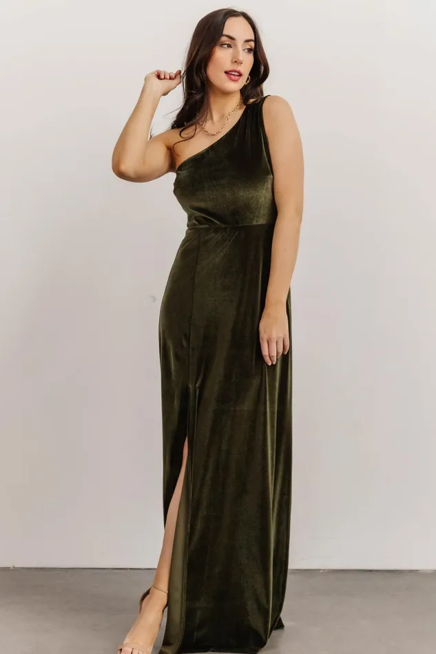Women Wedding Guest Baltic Born Tatiana Velvet One Shoulder Maxi Dress Olive