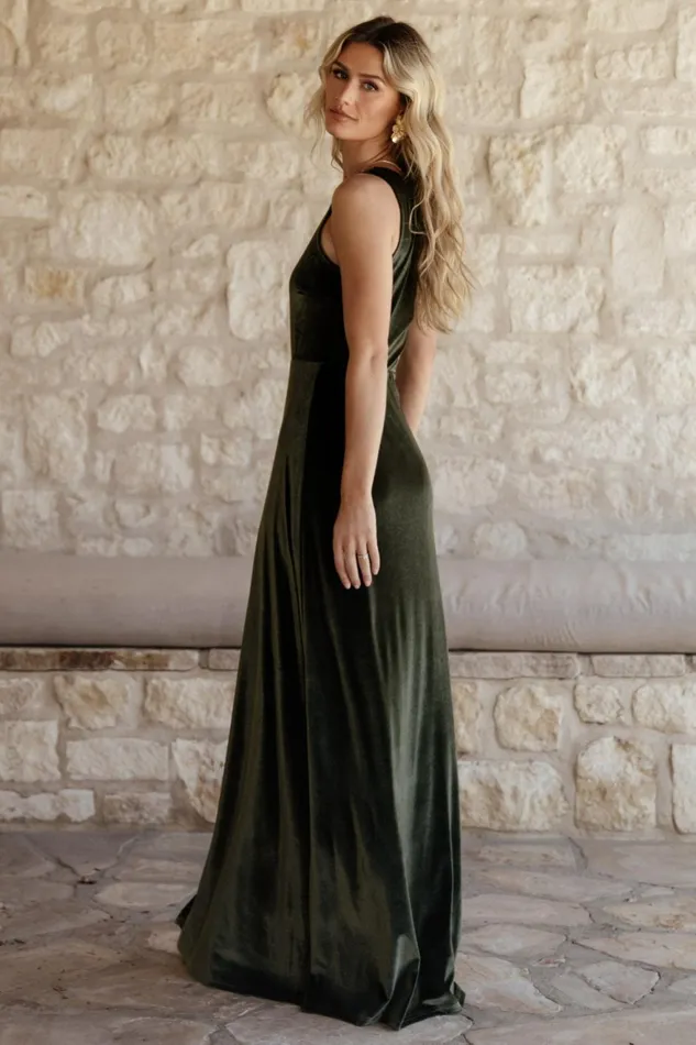 Women Wedding Guest Baltic Born Tatiana Velvet One Shoulder Maxi Dress Olive