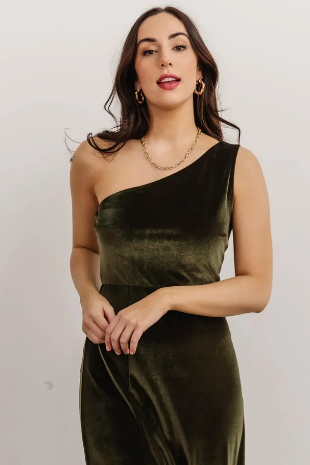 Women Wedding Guest Baltic Born Tatiana Velvet One Shoulder Maxi Dress Olive