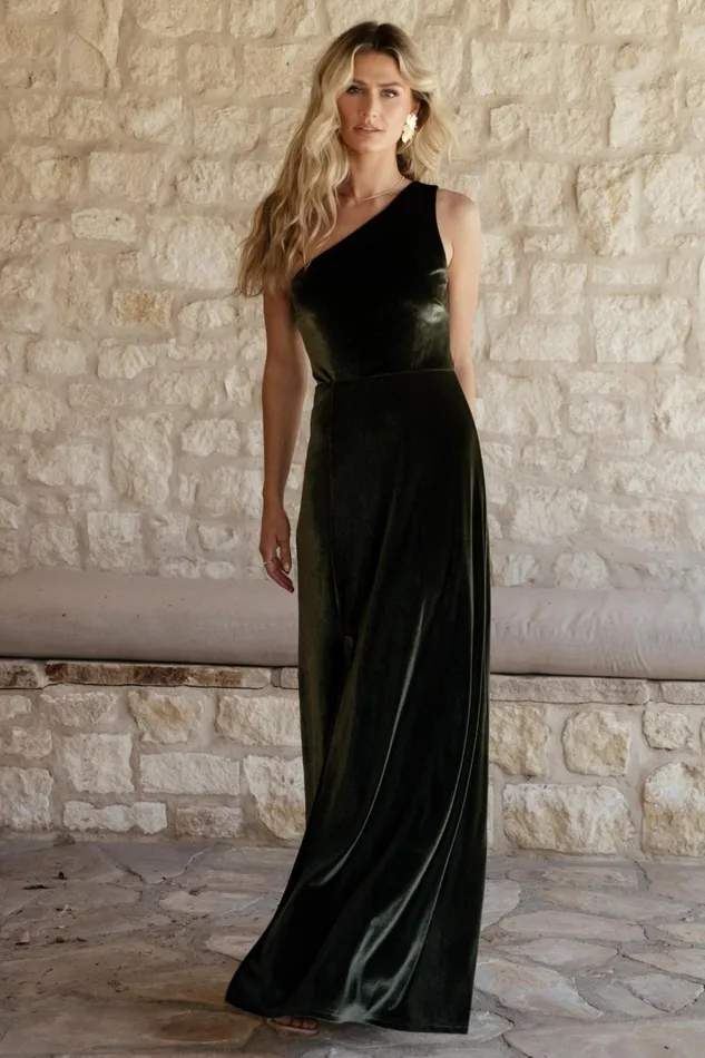 Women Wedding Guest Baltic Born Tatiana Velvet One Shoulder Maxi Dress Olive