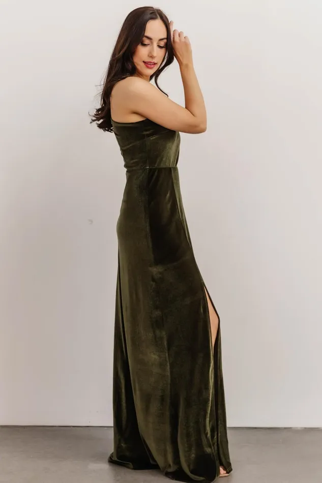 Women Wedding Guest Baltic Born Tatiana Velvet One Shoulder Maxi Dress Olive