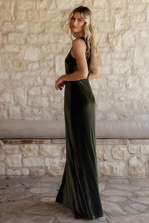 Women Wedding Guest Baltic Born Tatiana Velvet One Shoulder Maxi Dress Olive