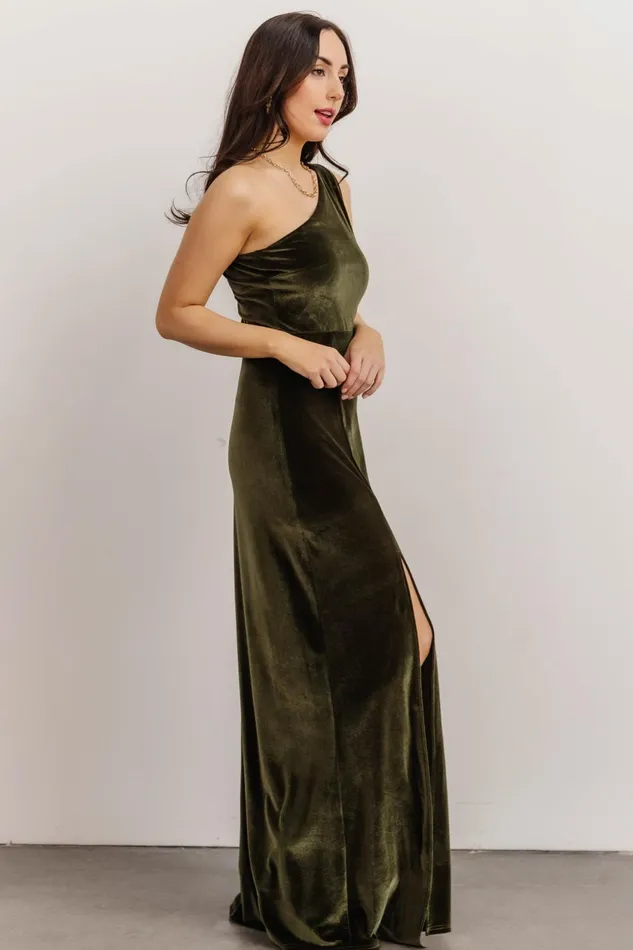 Women Wedding Guest Baltic Born Tatiana Velvet One Shoulder Maxi Dress Olive
