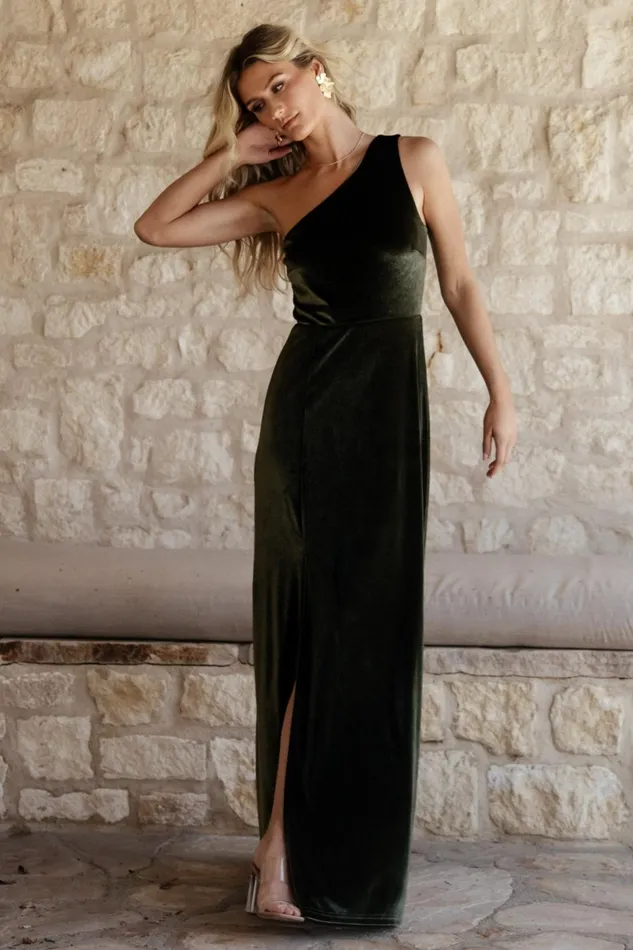 Women Wedding Guest Baltic Born Tatiana Velvet One Shoulder Maxi Dress Olive