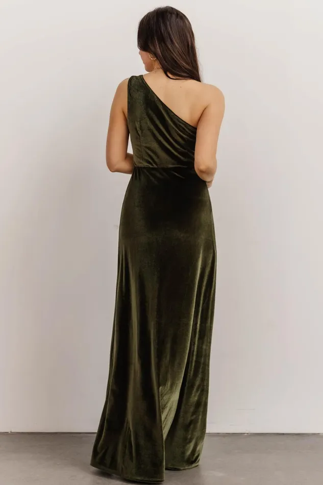 Women Wedding Guest Baltic Born Tatiana Velvet One Shoulder Maxi Dress Olive