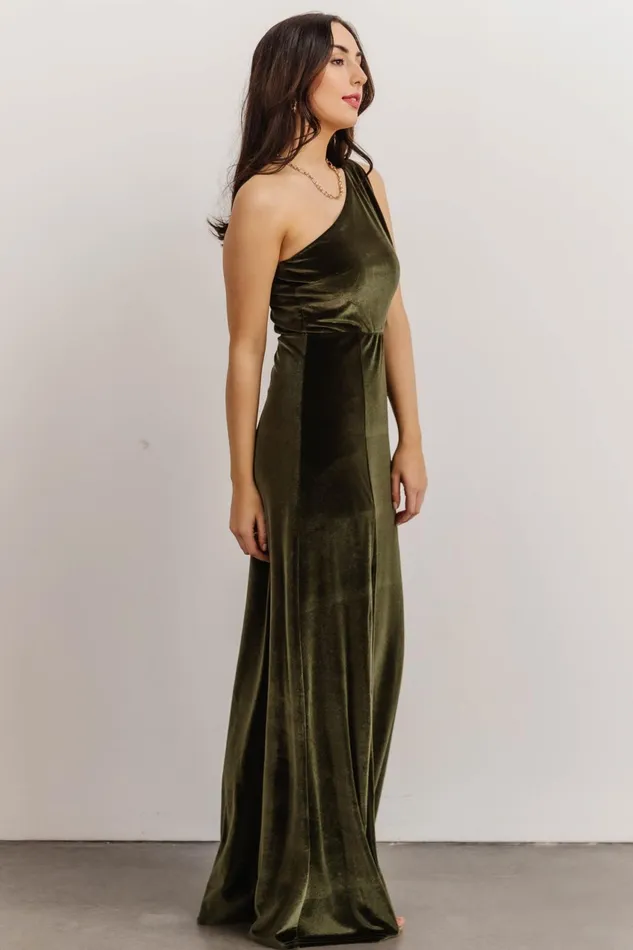 Women Wedding Guest Baltic Born Tatiana Velvet One Shoulder Maxi Dress Olive
