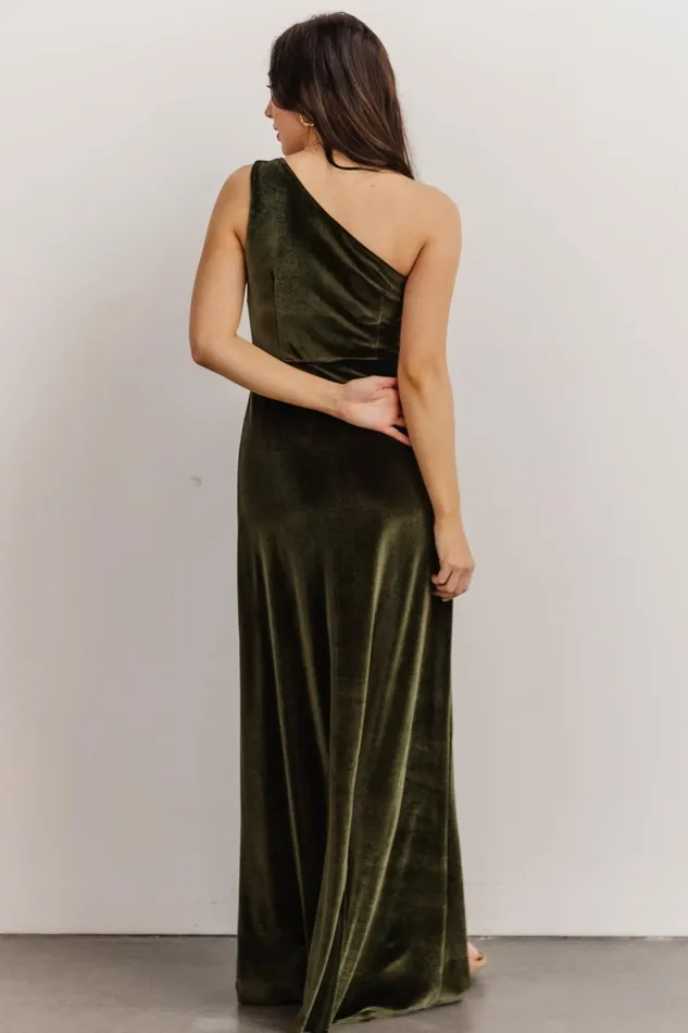 Women Wedding Guest Baltic Born Tatiana Velvet One Shoulder Maxi Dress Olive
