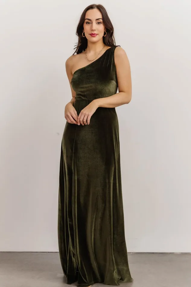 Women Wedding Guest Baltic Born Tatiana Velvet One Shoulder Maxi Dress Olive