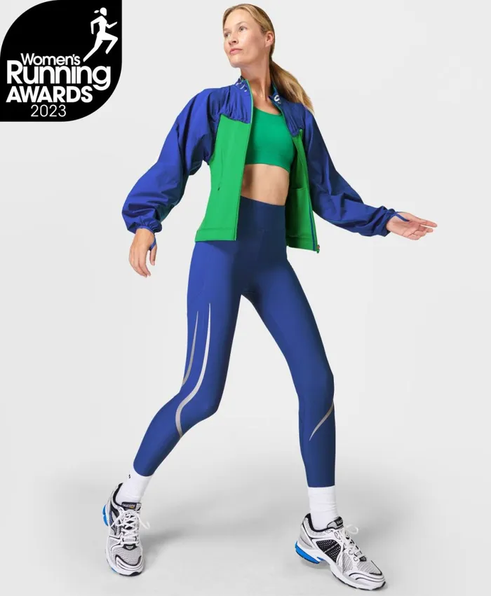 Women Zero Gravity Illuminate Running Leggings Lightning Blue Sweaty Betty Pocketed