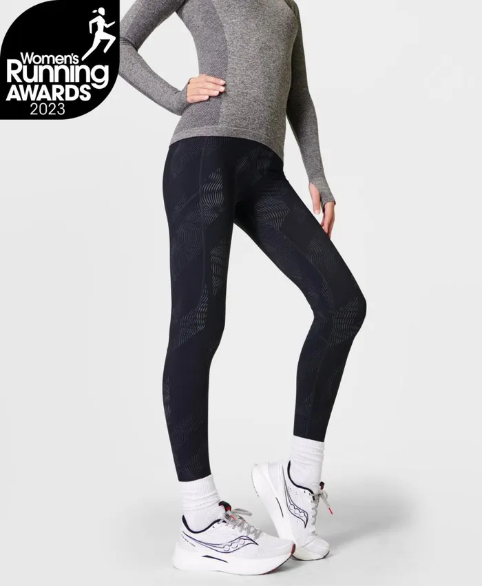 Women Zero Gravity Reflective Running Leggings Black Strobe Reflective Print Sweaty Betty Pocketed